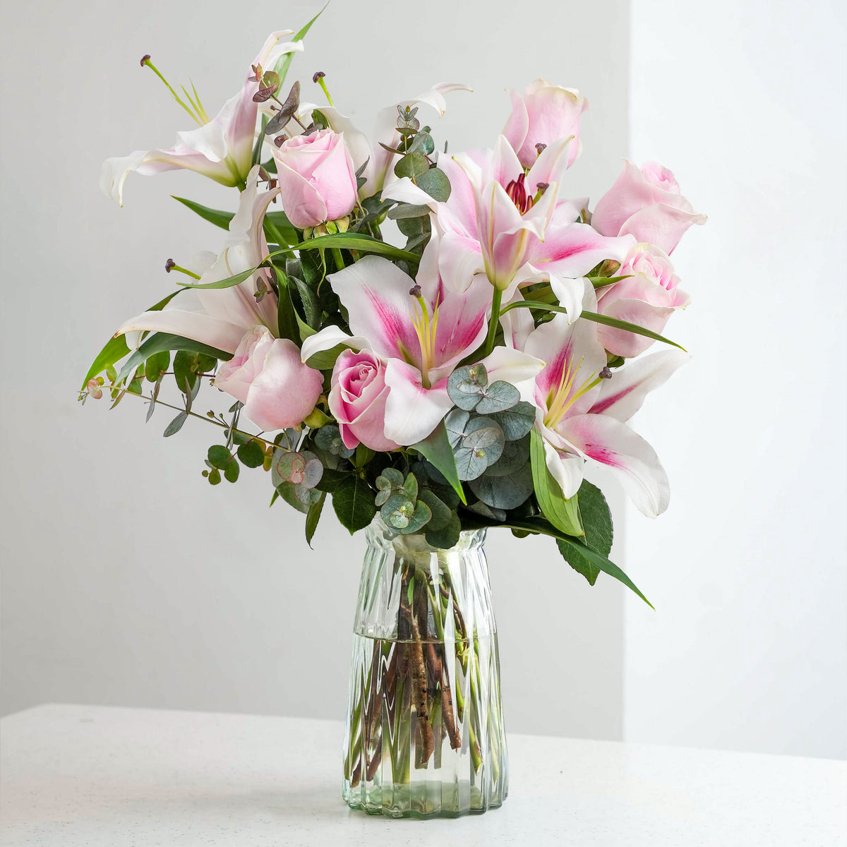 Valentine Pink Roses and Pink Lily in a vase