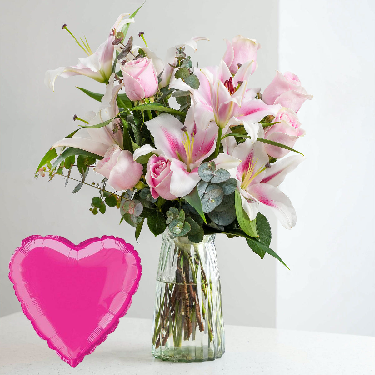 Valentine Pink Roses and Pink Lily in a vase with Free Balloon