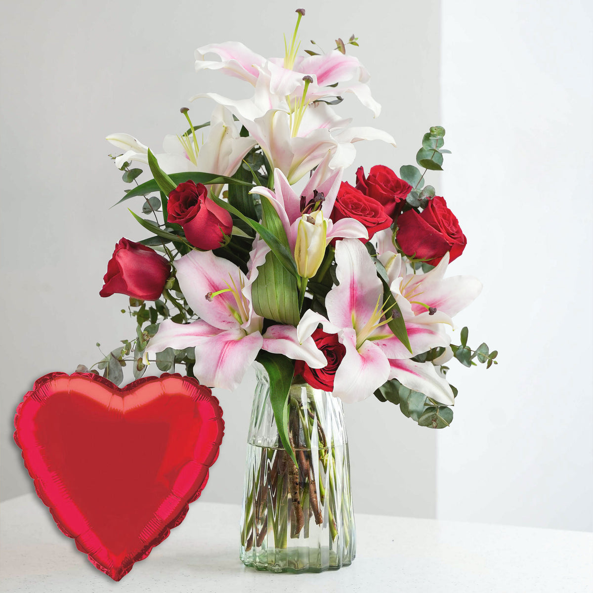 Valentine Red Roses and Pink Lilies in a vase with Free Balloon